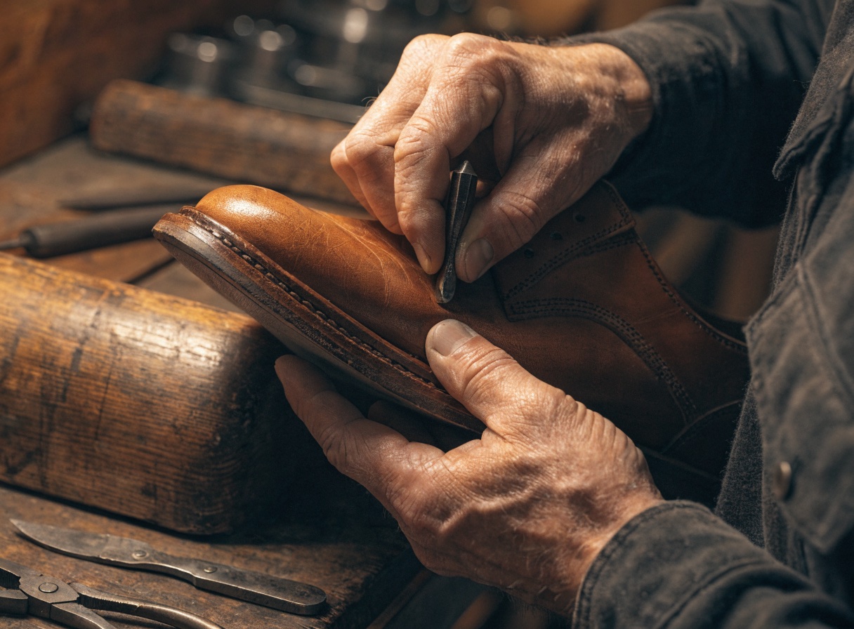 Schuhmacher repariert hochwertigen Lederschuh in der Werkstatt